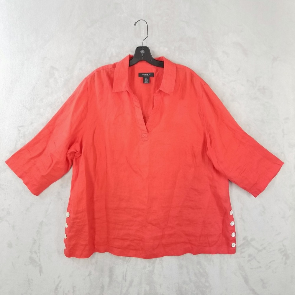Tahari Blouse 2X Coral 100% Linen Long Sleeve Button Accent Tunic Casual Flowy